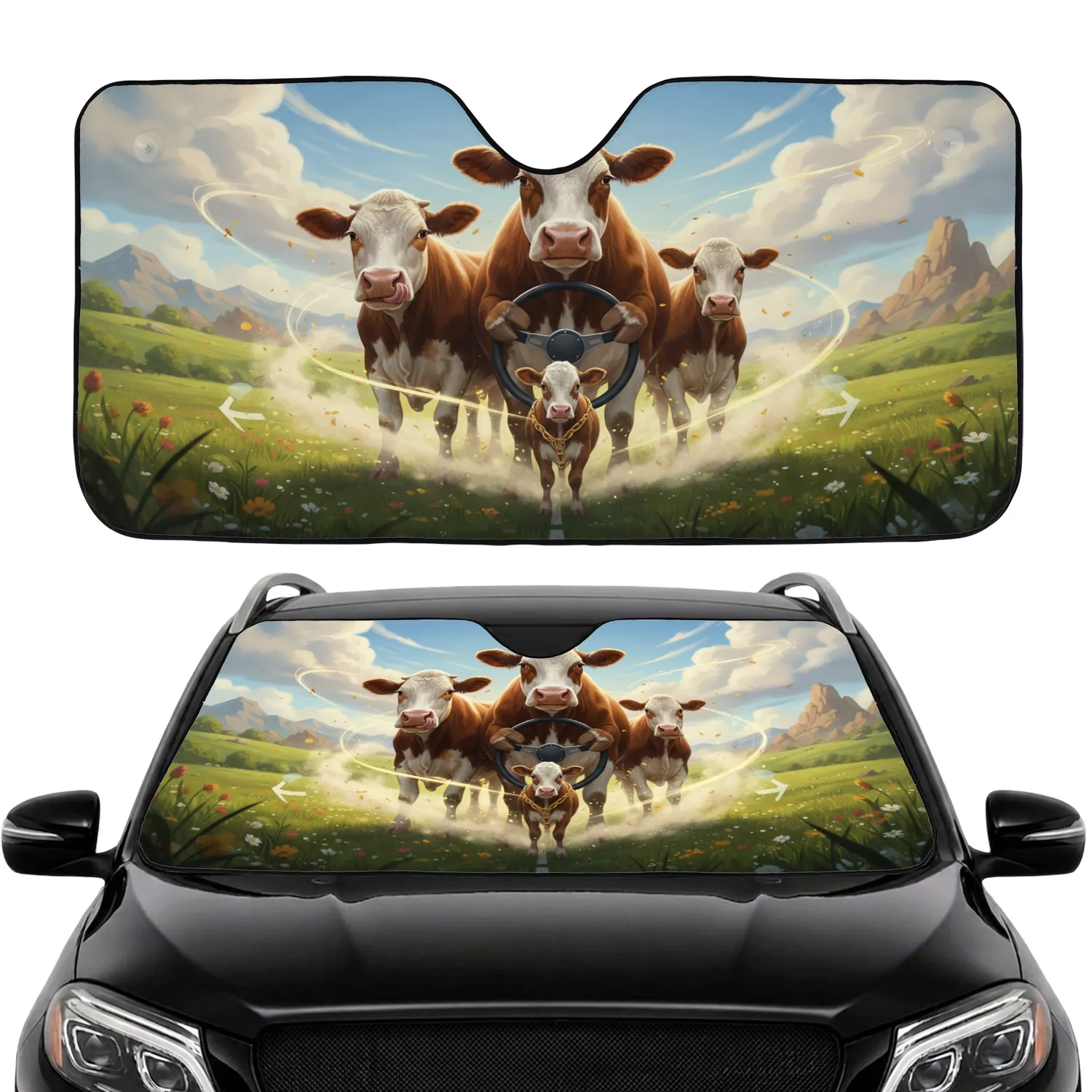 Comical Hereford Cow Family Driving Car - Road Trip Gift for Cow Lovers Car Sunshade - 1