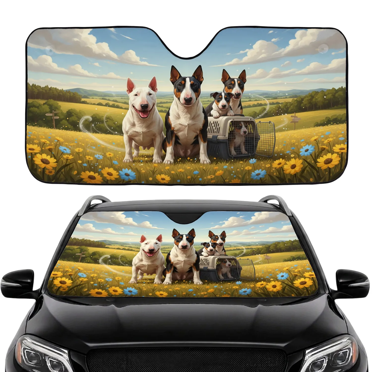 Four Bull Terriers Countryside Adventure – Road Trip Gift for Dog Lover Car Sunshade - 1