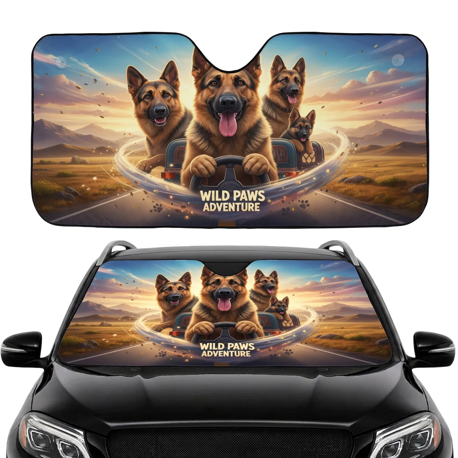 German Shepherds Open Road Journey - Road Trip Gift for Dog Lovers Car Sunshade - 1
