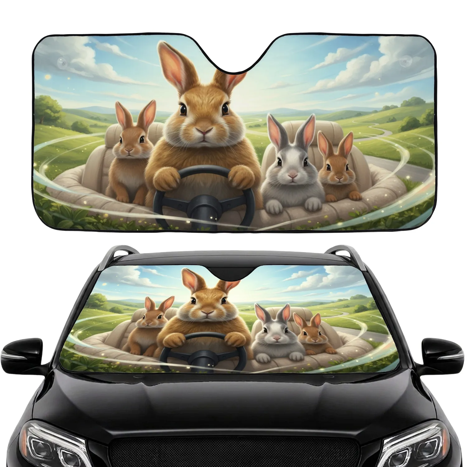Four Realistic Rabbits Driving Car Road Trip Adventure - Car Interior Upgrade Car Sunshade - 1
