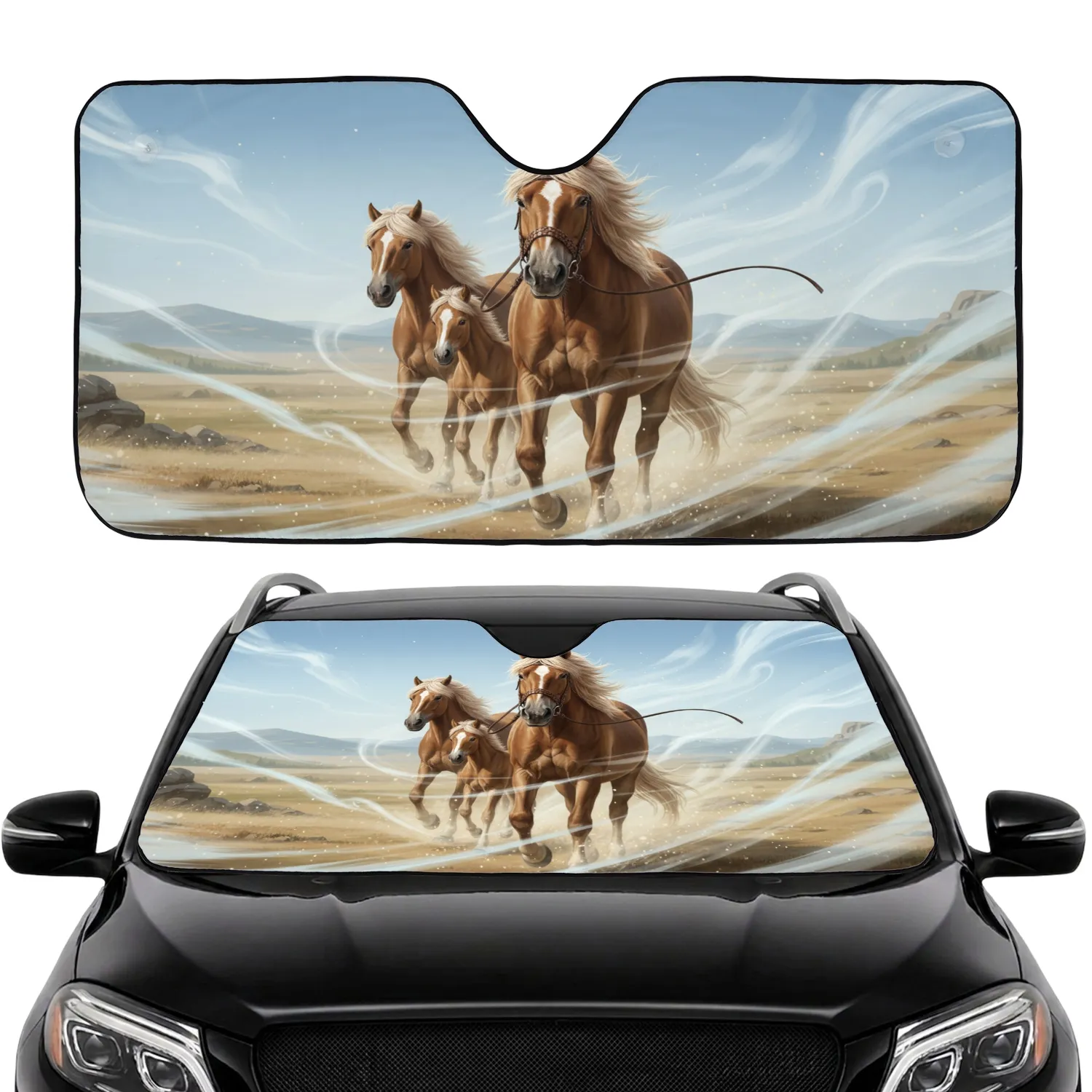 Sweeping Landscape Fjord Horses Journey - Road Trip Gift for Horse Lovers Car Sunshade - 1