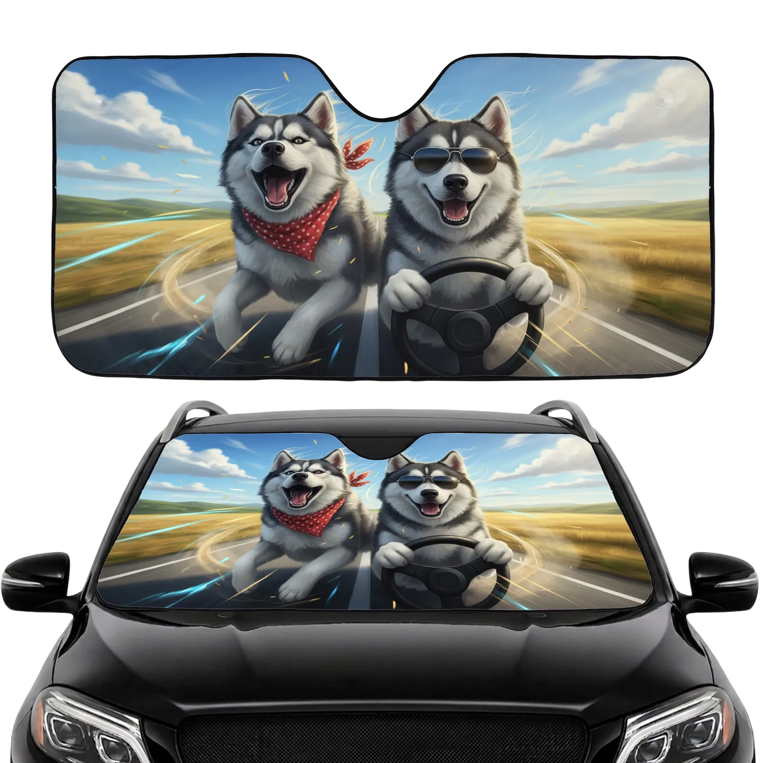 Siberian Huskies Driving Open Road - Road Trip Gift for Husky Lover Car Sunshade - 1