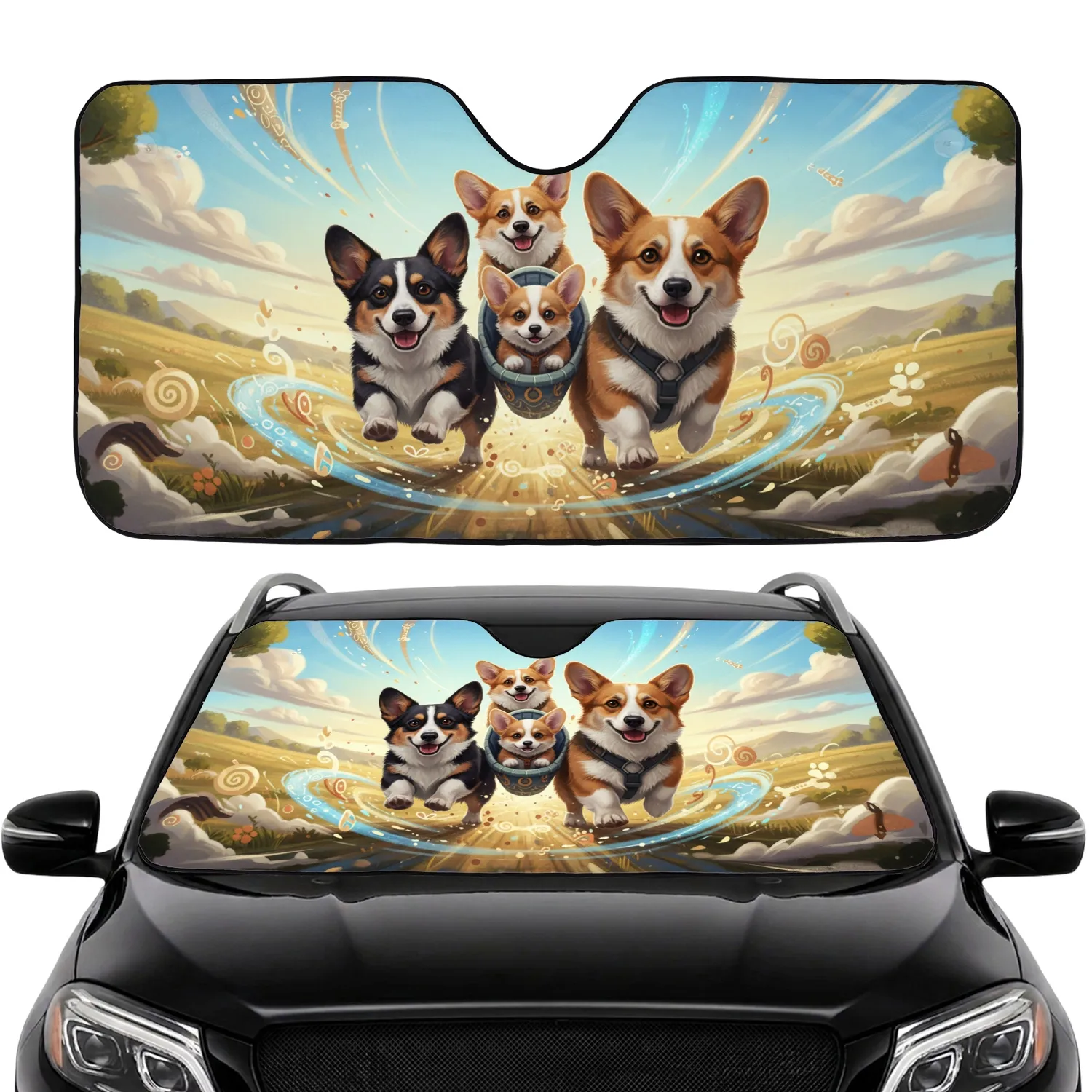 Four Corgis Adventure Landscape - Road Trip Gift for Corgi Owner Car Sunshade - 1