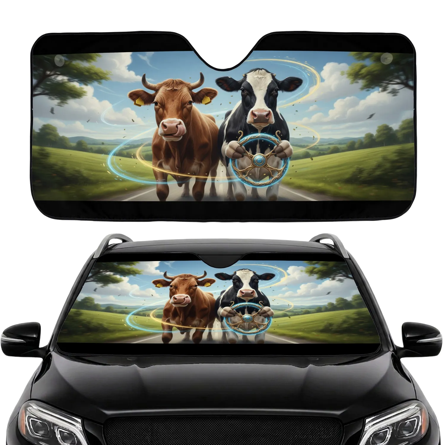 Brown Holstein Cows Driving - Open Road Travel Gift for Cow Lovers Car Sunshade - 1