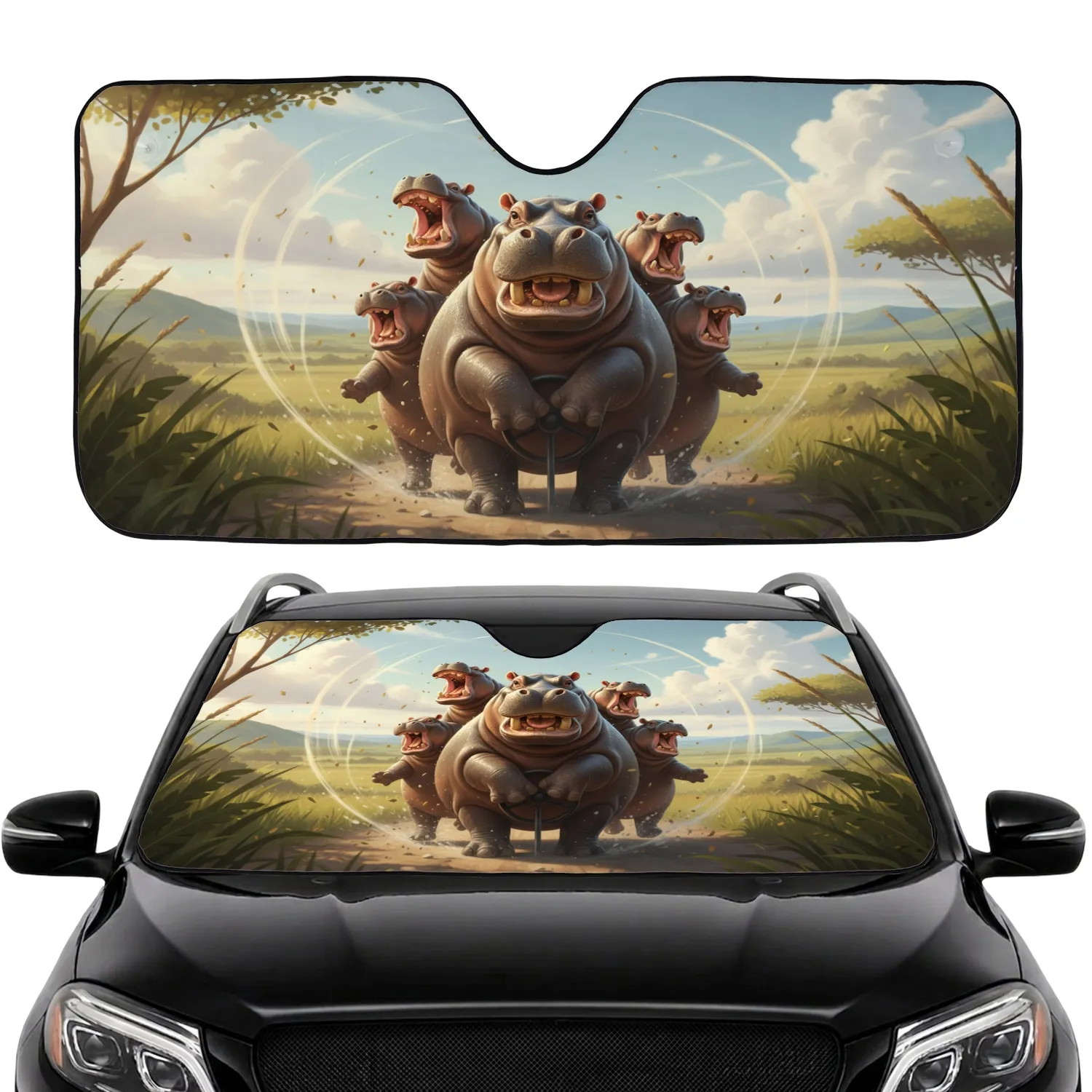 Hippos Driving Road Trip - Commute Accessory Travel Essentials Car Sunshade - 1