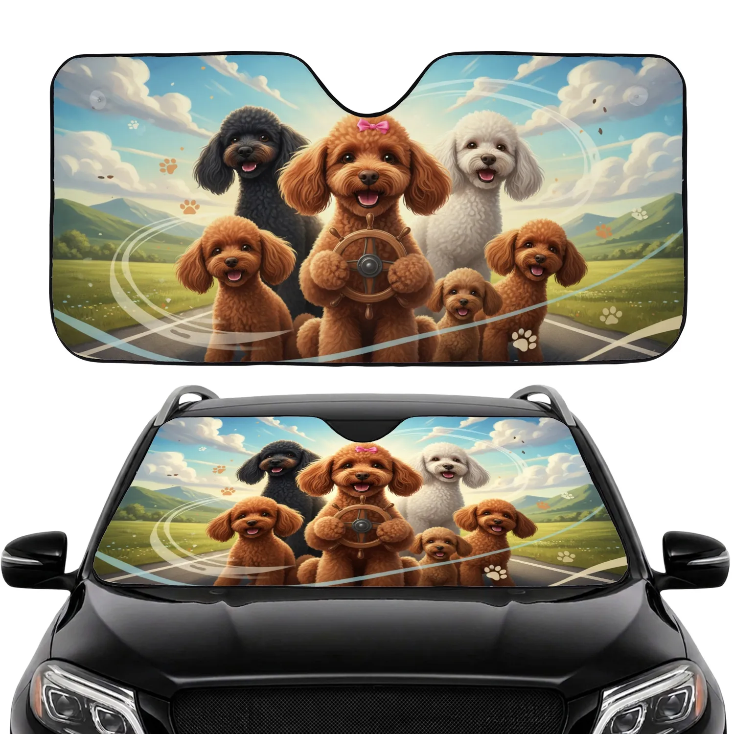 Joyful Poodles Driving Road Trip Landscape - Poodle Lover Car Interior Upgrade Car Sunshade - 1
