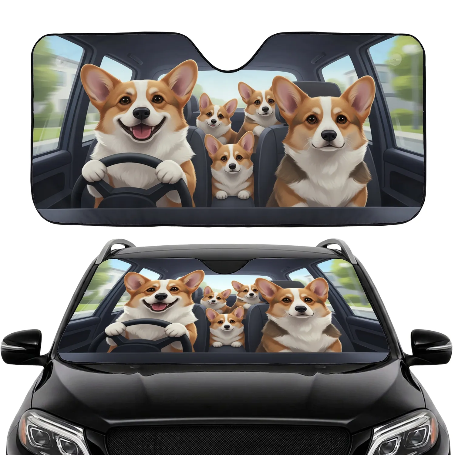 Corgi Dogs Steering Wheel Open Road Landscape - Road Trip Adventure Car Upgrade Car Sunshade - 1