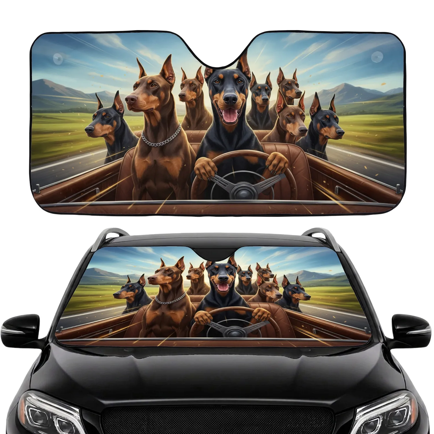 Doberman Pinscher Pack Car Ride Adventure - Road Trip Gift for Doberman Lover Car Sunshade - 1
