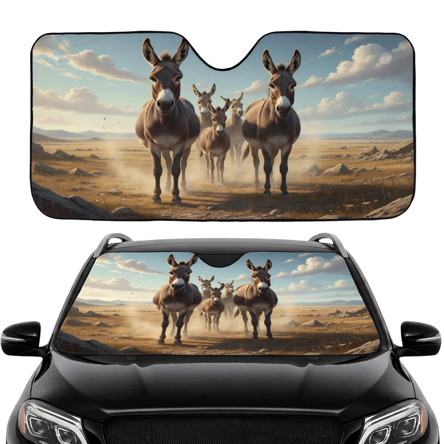 Realistic Donkey Herd Sun-Drenched Plain - Road Trip Gift for Animal Lover Car Sunshade - 1