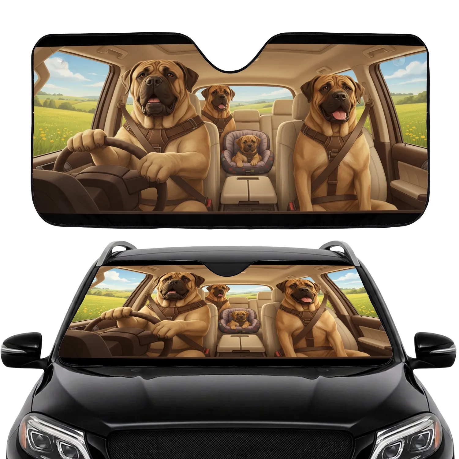 Four English Mastiff Dogs Driving Car Journey Road Trip Accessory Mastiff Lover Gift Car Sunshade - 1