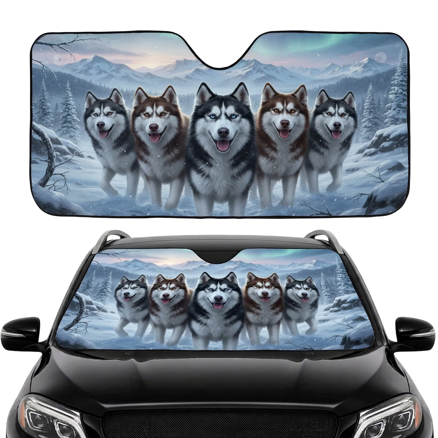 Six Siberian Huskies Alaskan Malamutes Arctic Journey - Road Trip Dog Lover Gift Car Sunshade - 1