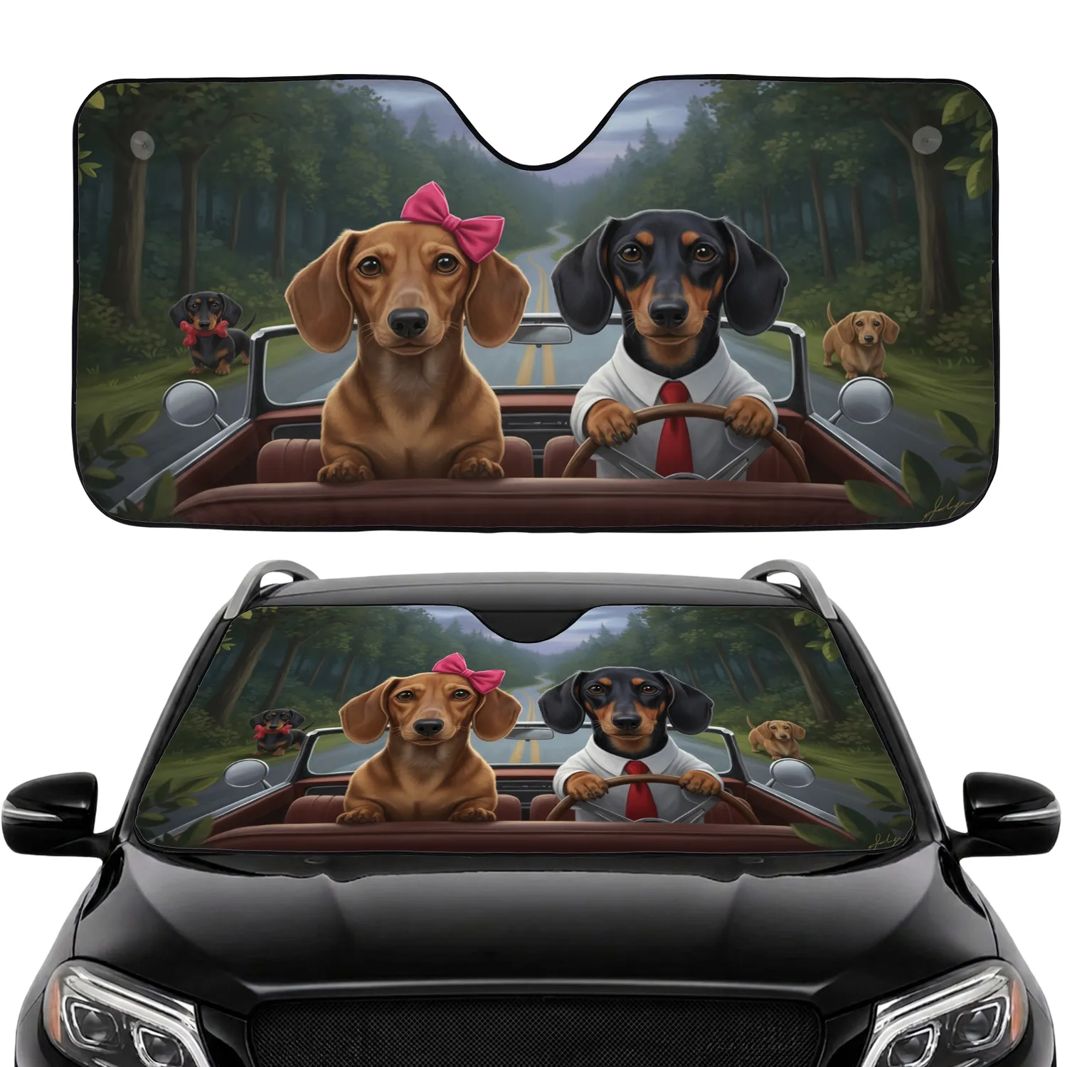 Realistic Dachshunds Driving Forest Road - Road Trip Travel Essentials for Dog Lover Car Sunshade - 1