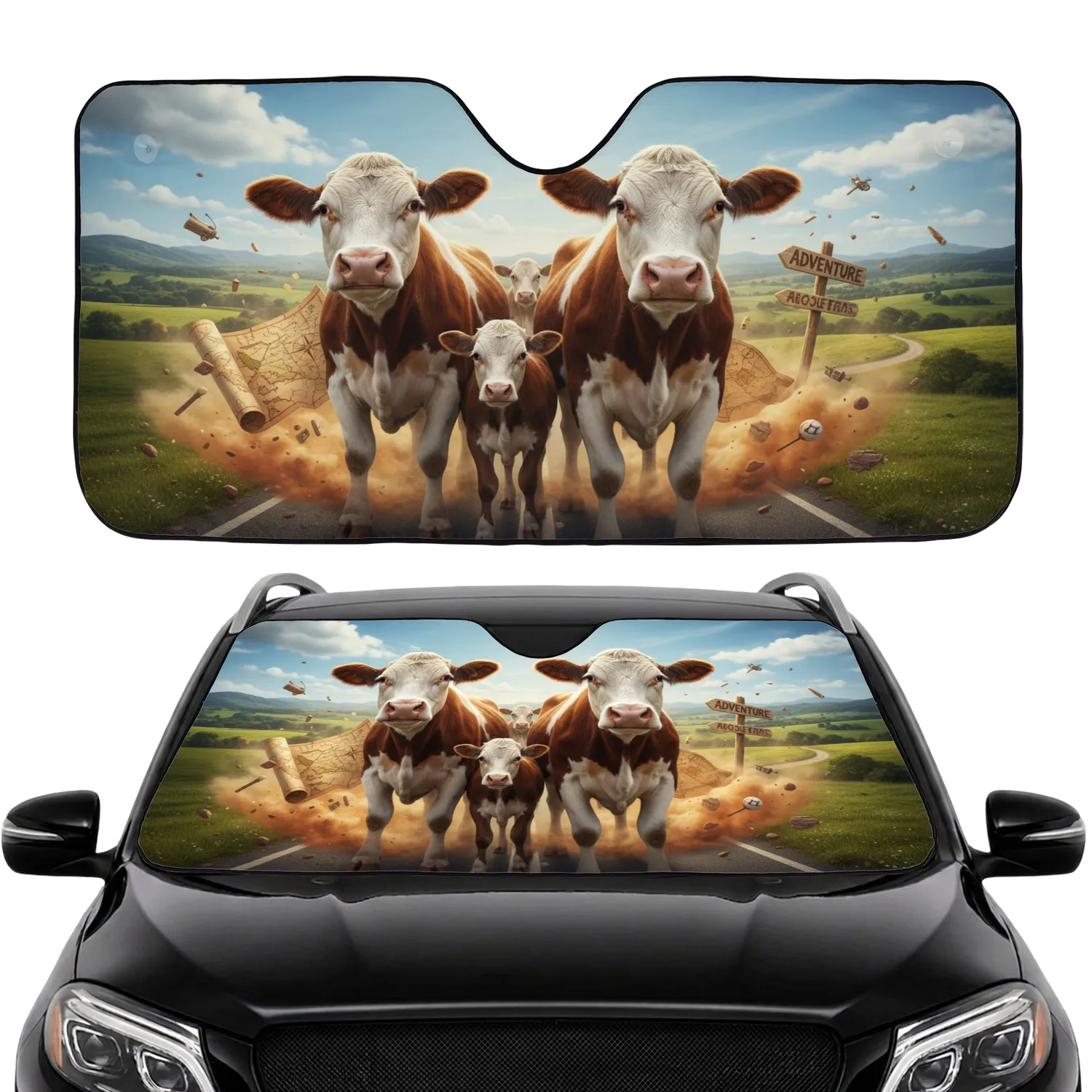 Hereford Cows Pastoral Adventure - Road Trip Travel Essentials for Cow Lover Car Sunshade - 1