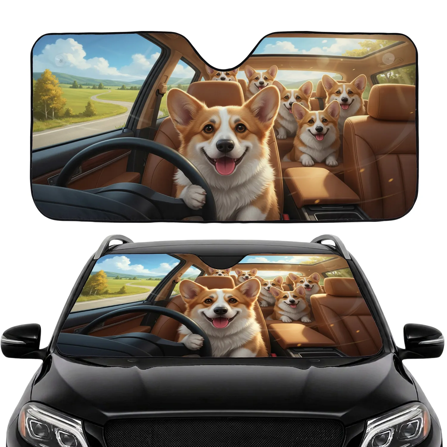 Pembroke Welsh Corgis Driving Luxury Car Interior - Road Trip Gift for Corgi Owners Car Sunshade - 1