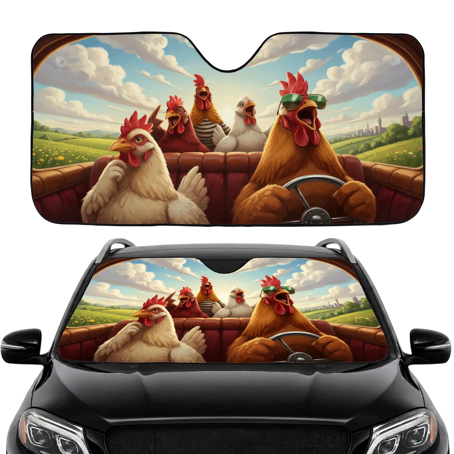 Brown Chickens Driving Sunglasses Pastoral Scene - Road Trip Gift for Chicken Lover Car Sunshade - 1