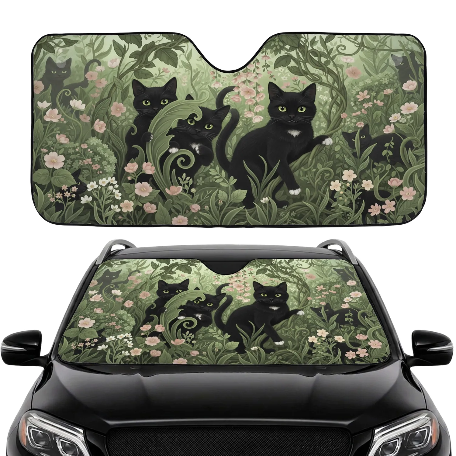 Charmedville Black Cats Botanical Garden Car Interior Upgrade - Cat Lover Gift Car Sunshade - 1