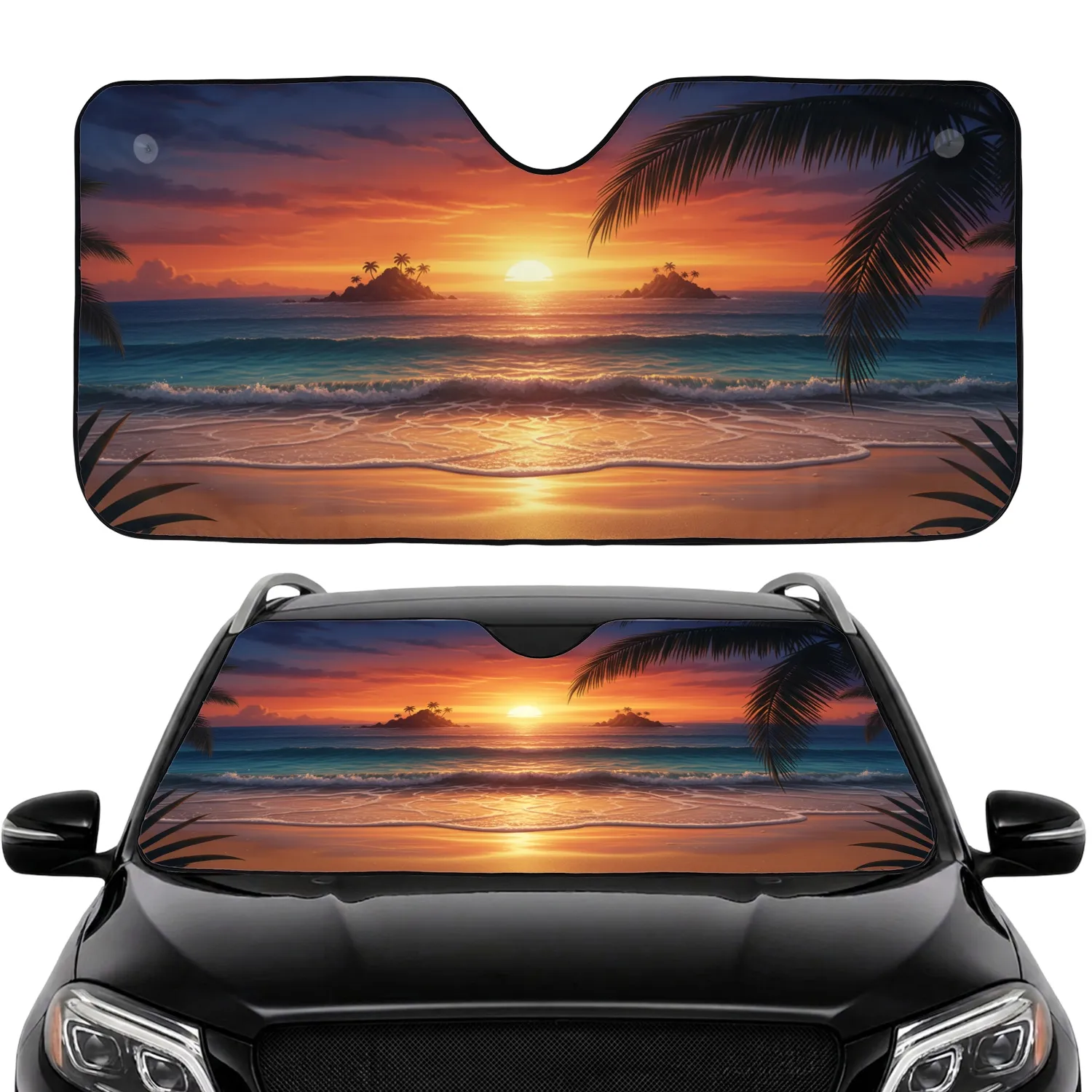 Tropical Sunset Volcanic Island Palm Frond Ocean - Road Trip Travel Essentials Car Upgrade Car Sunshade - 1