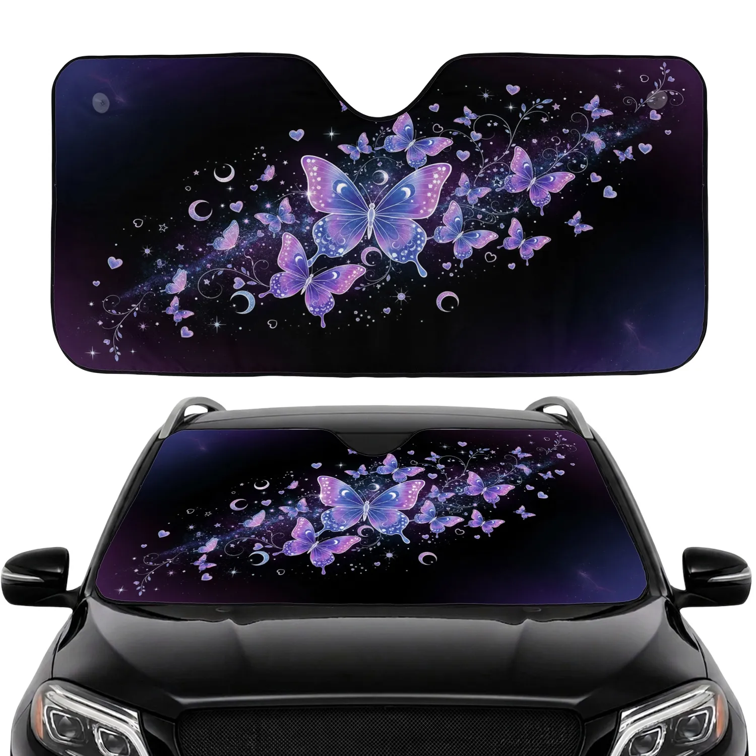 Iridescent Butterflies Crescent Moons Cosmic Night Sky Floral Vine - Car Interior Upgrade Car Sunshade - 1