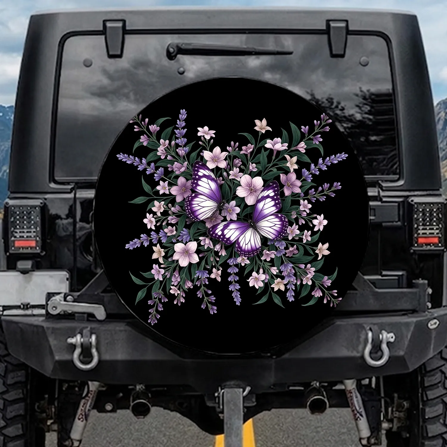 Purple Butterfly Lilac Pink Botanical Flowers Black Background - Nature Lover Gift Spare Tire Cover - 1