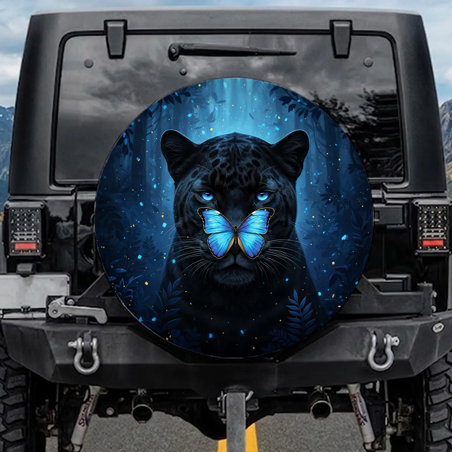 Black Panther Luminous Blue Eyes Morpho Butterfly Midnight Jungle - Wildlife Lover Gift Spare Tire Cover - 1