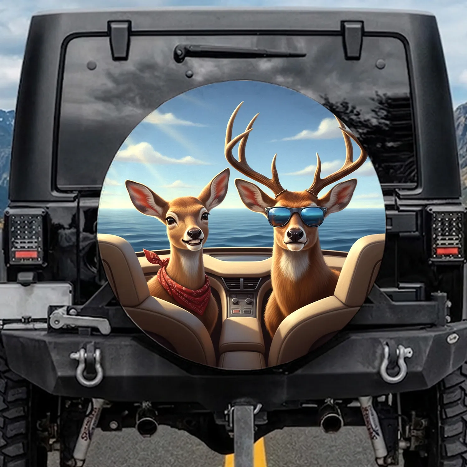 Cheerful Doe Red Bandana, Buck Sunglasses Ocean Trip - Wildlife Lover Gift Spare Tire Cover - 1