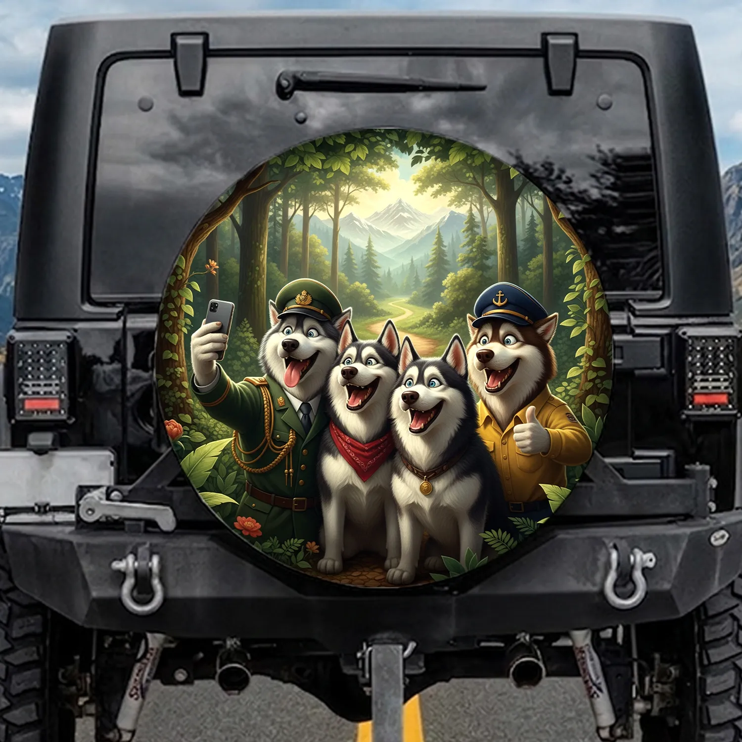 Husky Dogs Military Captain Uniform Selfie Forest - Outdoor Adventure Gift Spare Tire Cover - 1