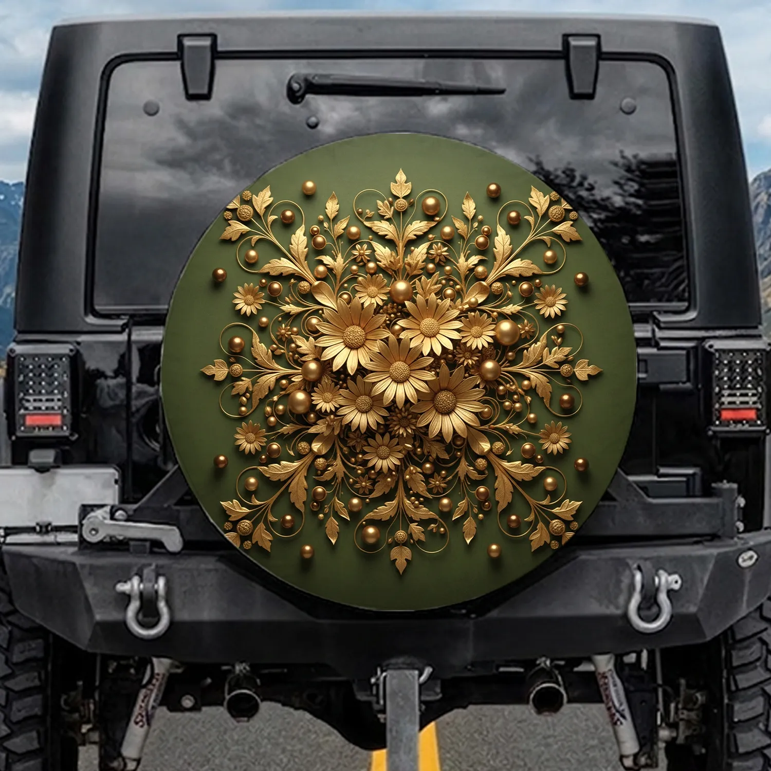 Metallic Gold Daisy Floral Vines Pearls - Luxury Home Decor Gift Spare Tire Cover - 1