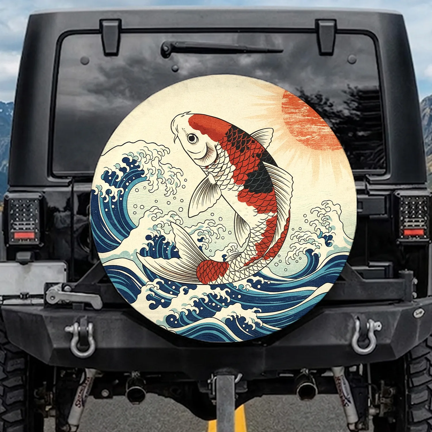 Japanese Koi Fish Ocean Waves Sun - Wildlife Lover Gift Spare Tire Cover - 1