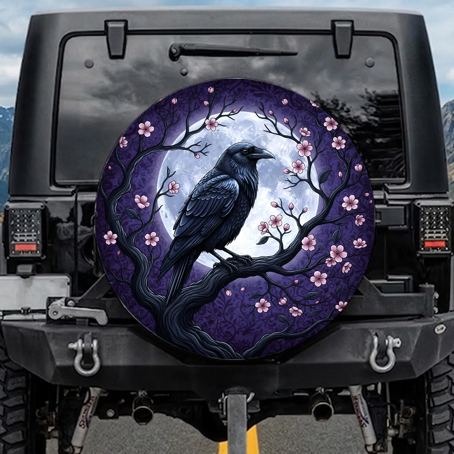 Black Raven Moon Cherry Blossoms - Mystical Night Decor Wildlife Lover Gift Spare Tire Cover - 1