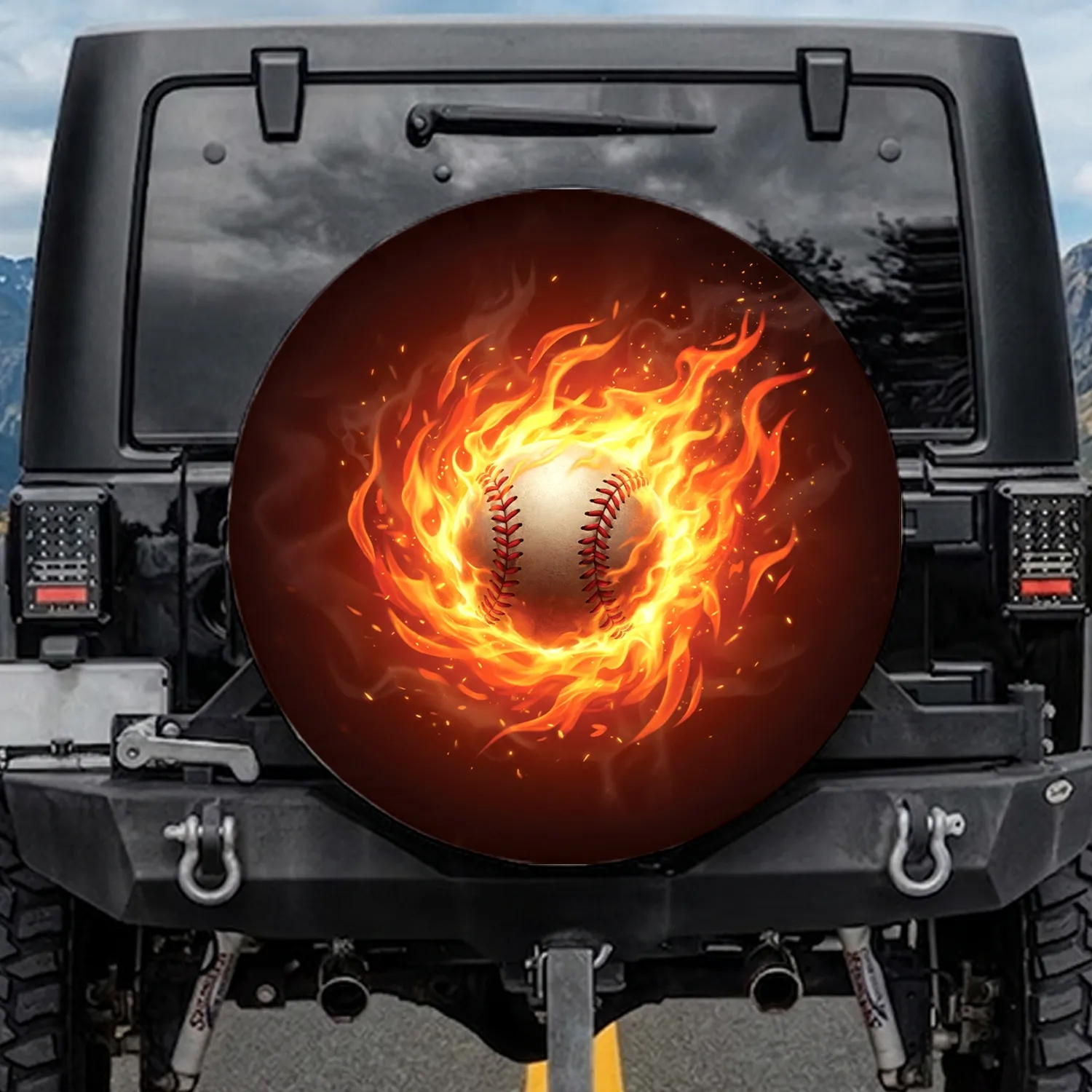 Realistic Baseball in Fiery Flames Dynamic Swirling Vortex - Sports Fan Home Decor Gift Spare Tire Cover - 1