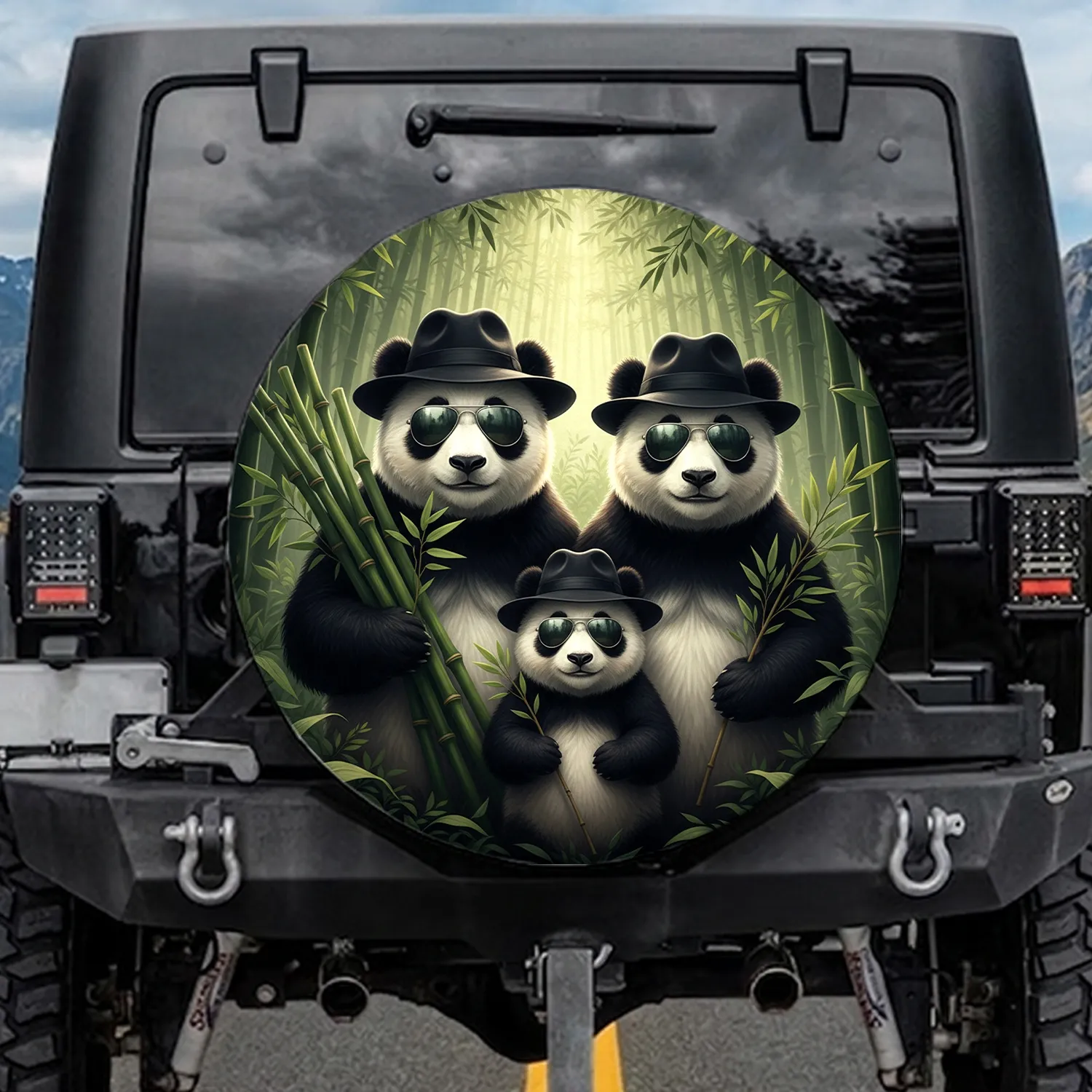 Three Panda Bears Fedoras Aviator Sunglasses Bamboo Forest Dappled Sun - Wildlife Lover Gift Spare Tire Cover - 1