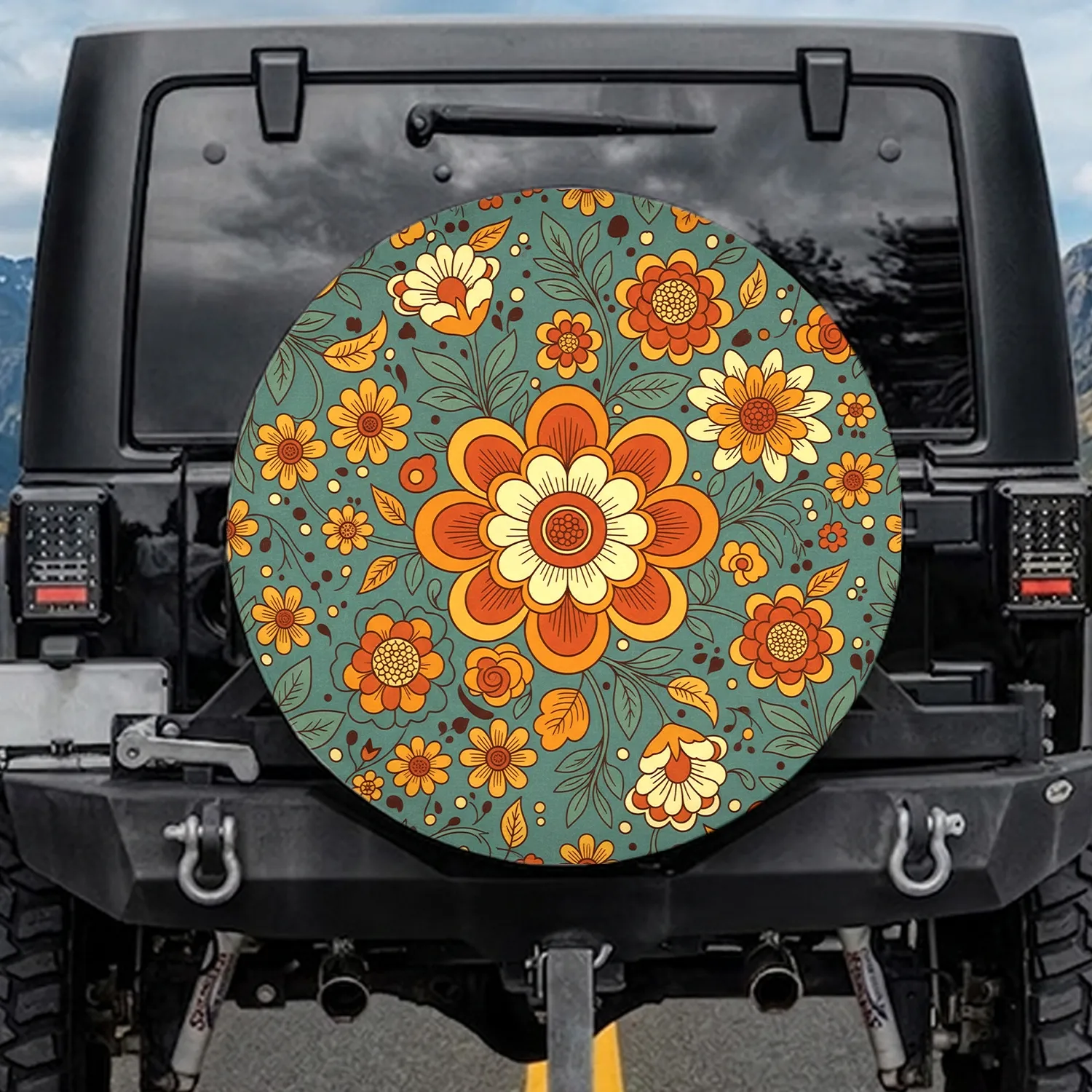 Large Retro Flowers Smaller Floral Motifs Leafy Vines Organic Shapes - Home Decor Gift Spare Tire Cover - 1
