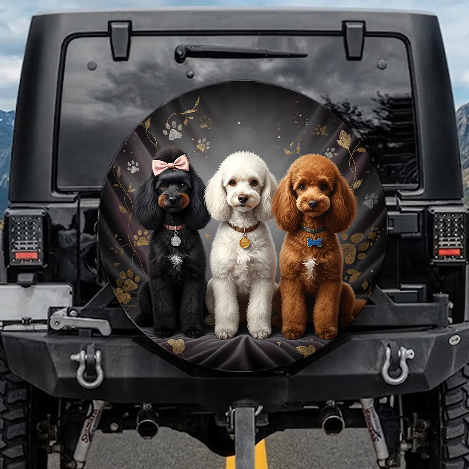 Four Groomed Poodles Elegant Paw Prints - Luxury Car Decor Pet Lover Gift Spare Tire Cover - 1