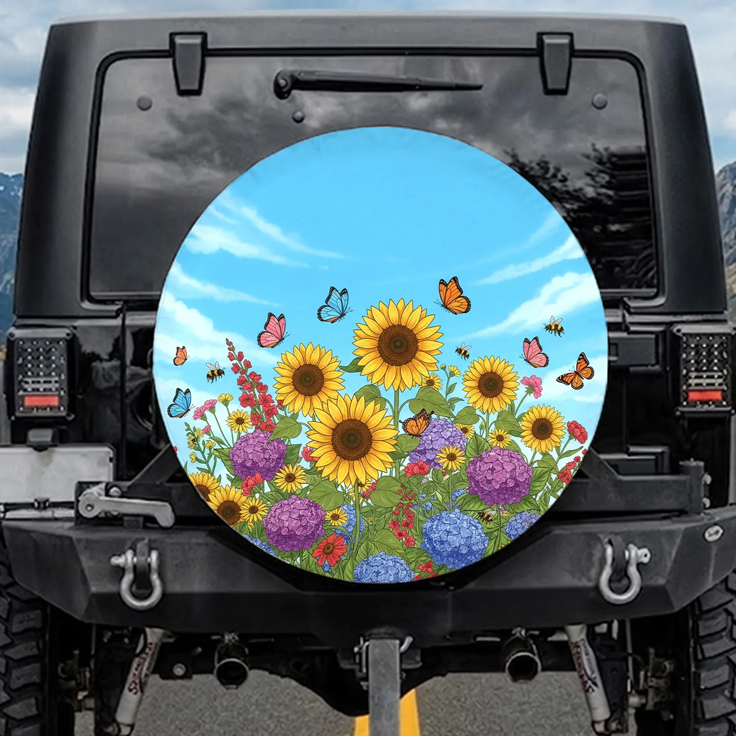 Golden Sunflowers Butterflies Garden Blue Sky - Nature Lover Everyday Use Gift Spare Tire Cover - 1