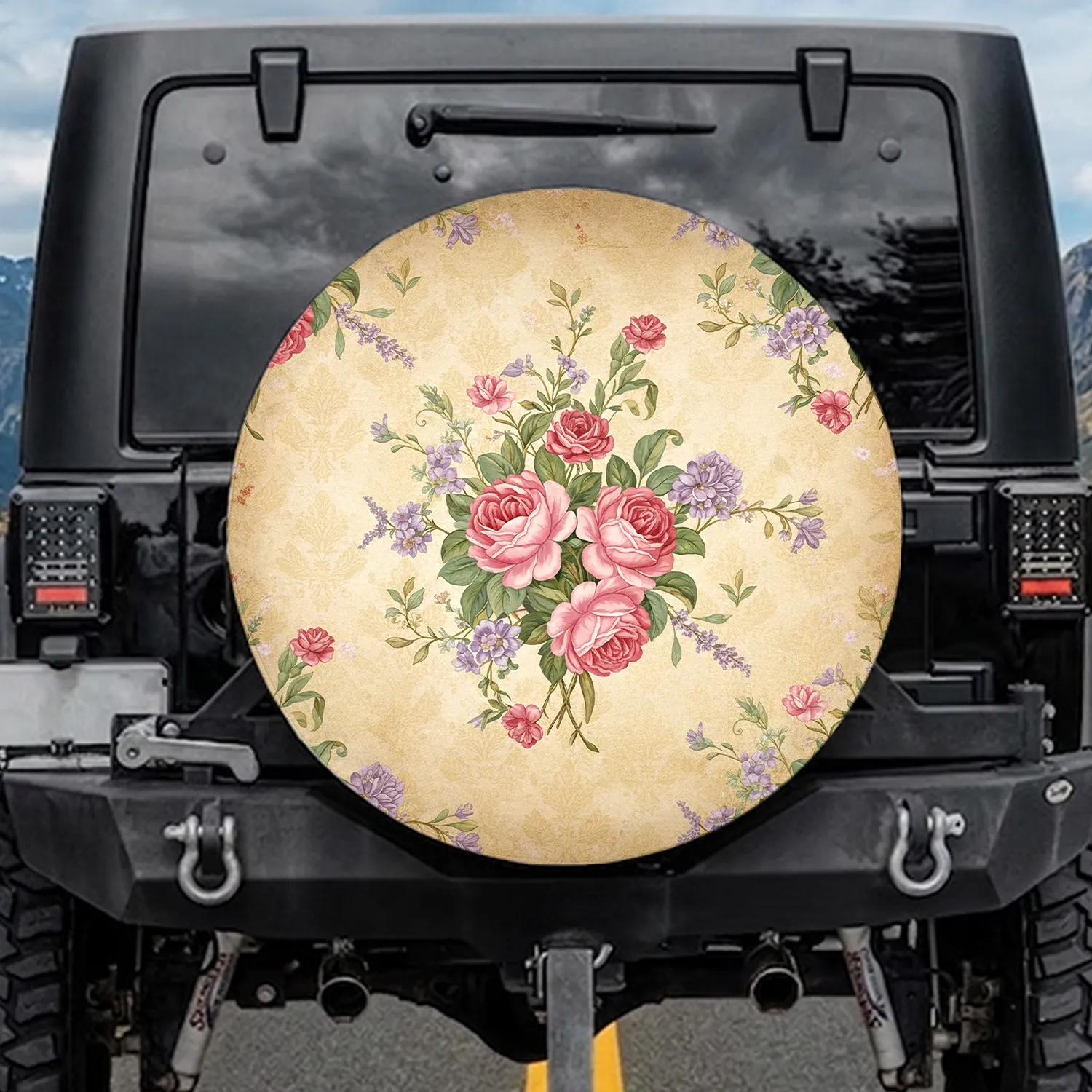 Vintage Pink Roses Lavender Trailing Floral Vines Parchment Damask - Home Decor Gift Spare Tire Cover - 1