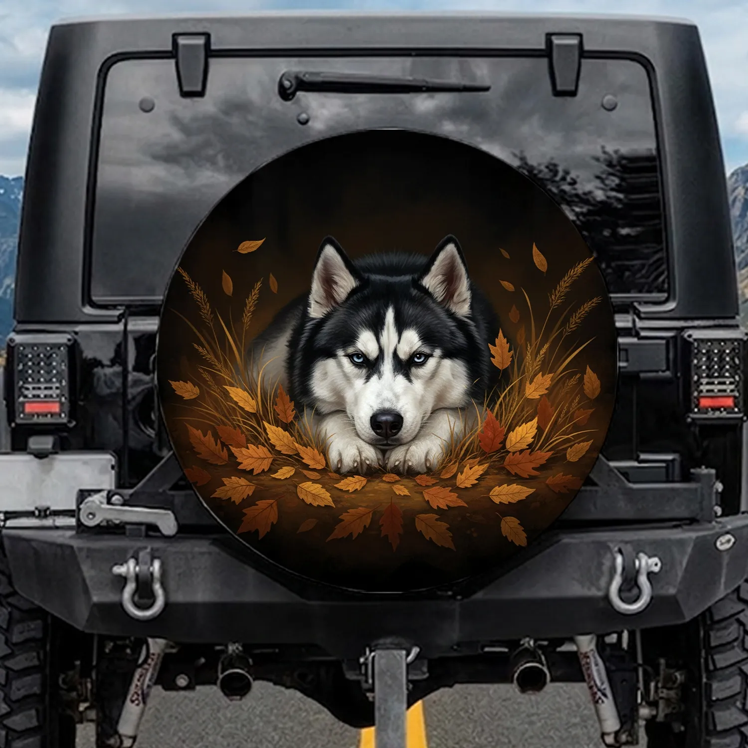 Majestic Siberian Husky Black White Fur Blue Eyes Golden Orange Autumn Leaves - Nature Lover Gift Spare Tire Cover - 1