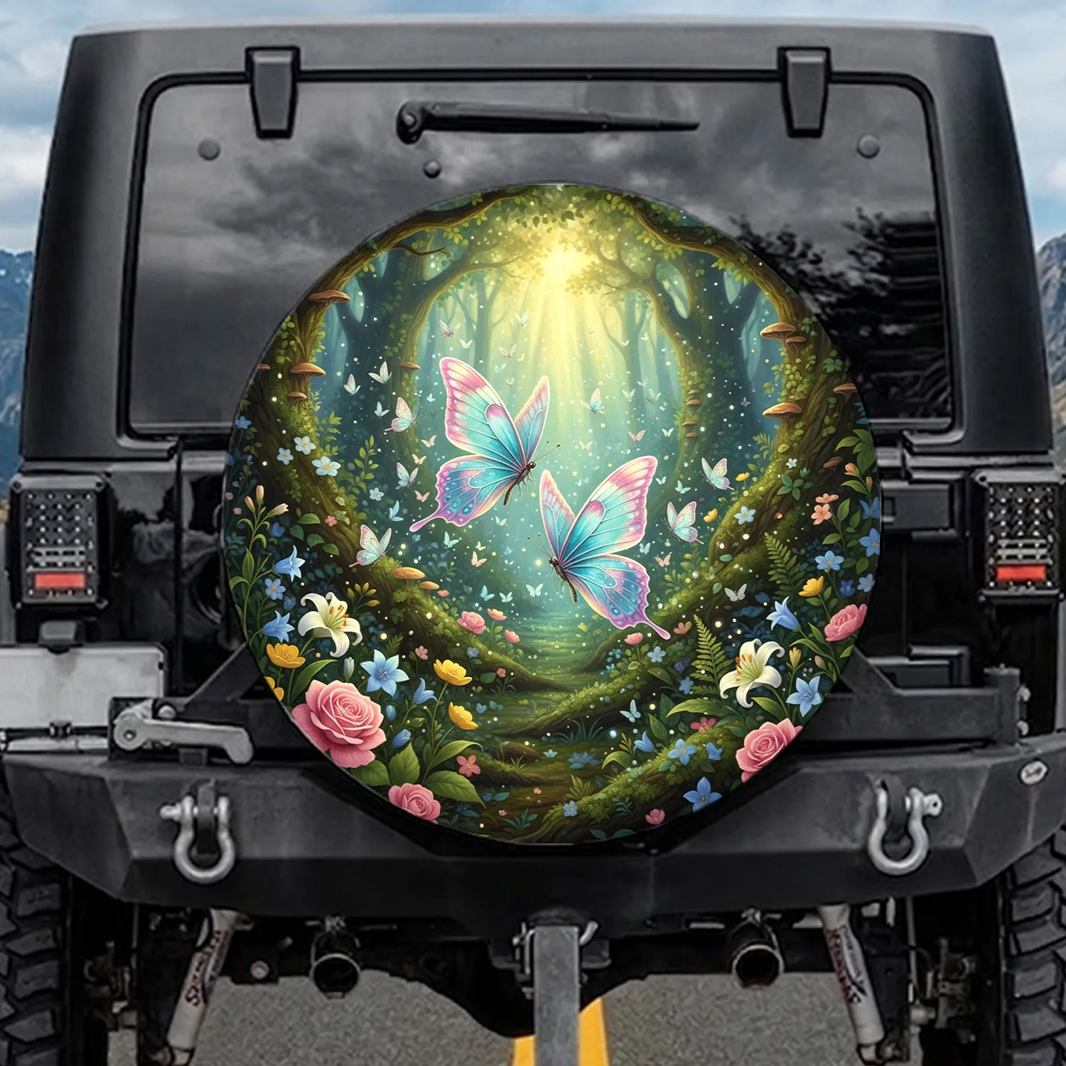 Ethereal Butterflies Wildflowers Enchanted Forest - Fantasy Outdoor Lifestyle Gift Spare Tire Cover - 1