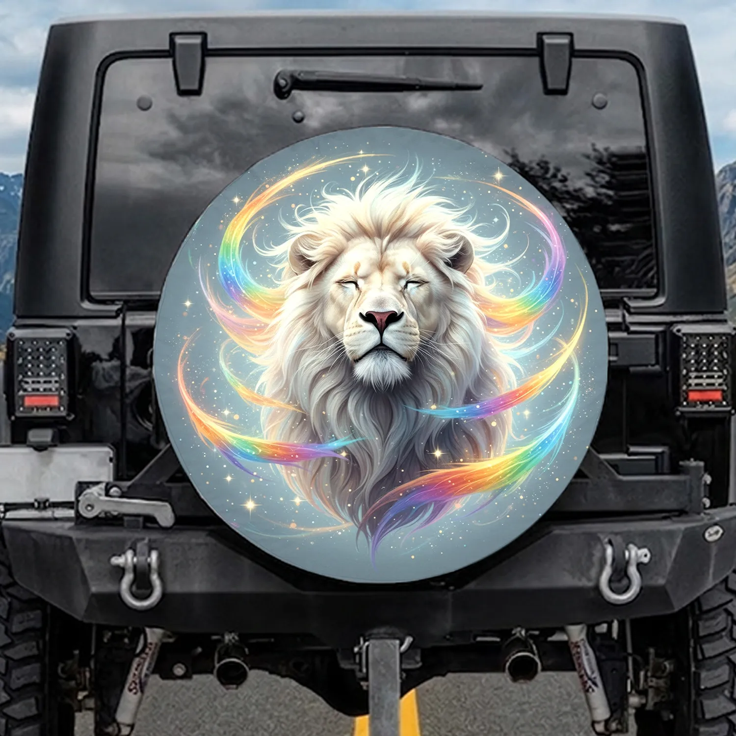 Majestic White Lion Vibrant Rainbow Mane Shimmering Light Trails - Wildlife Lover Gift Spare Tire Cover - 1