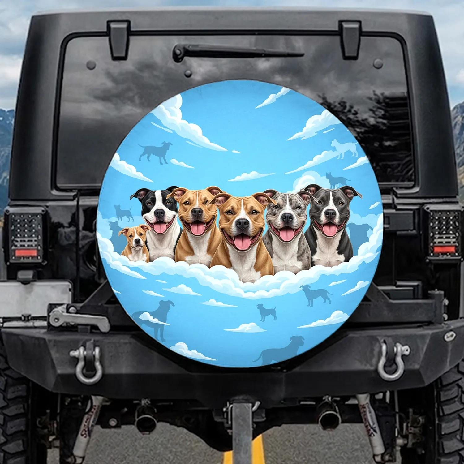 Six Diverse Pitbull Dogs Lineup Against Expansive Blue Sky Cumulus Clouds - Pitbull Lover Gift Spare Tire Cover - 1