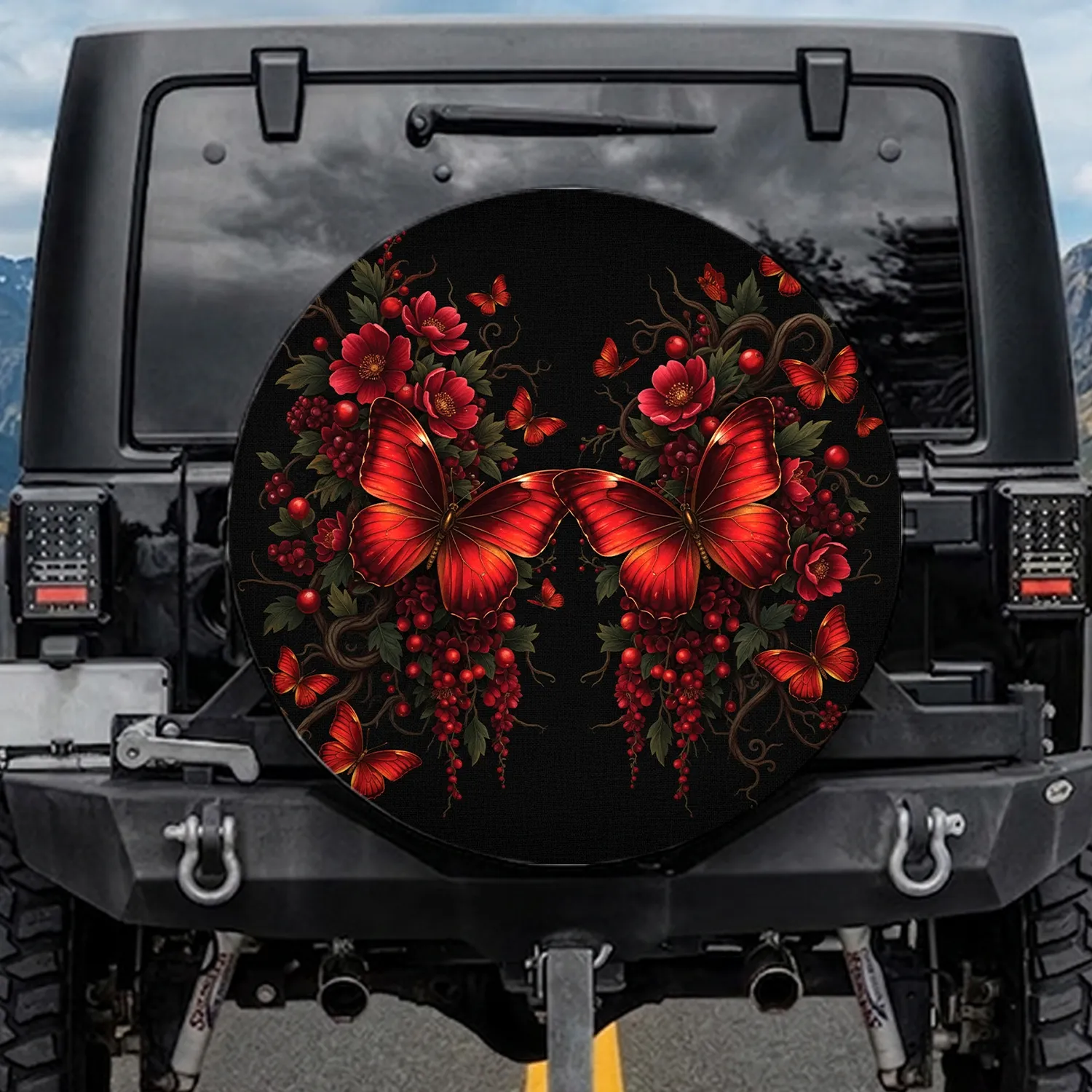 Two Red Butterflies Crimson Blossoms Berries Foliage Vines - Wildlife Lover Gift Spare Tire Cover - 1