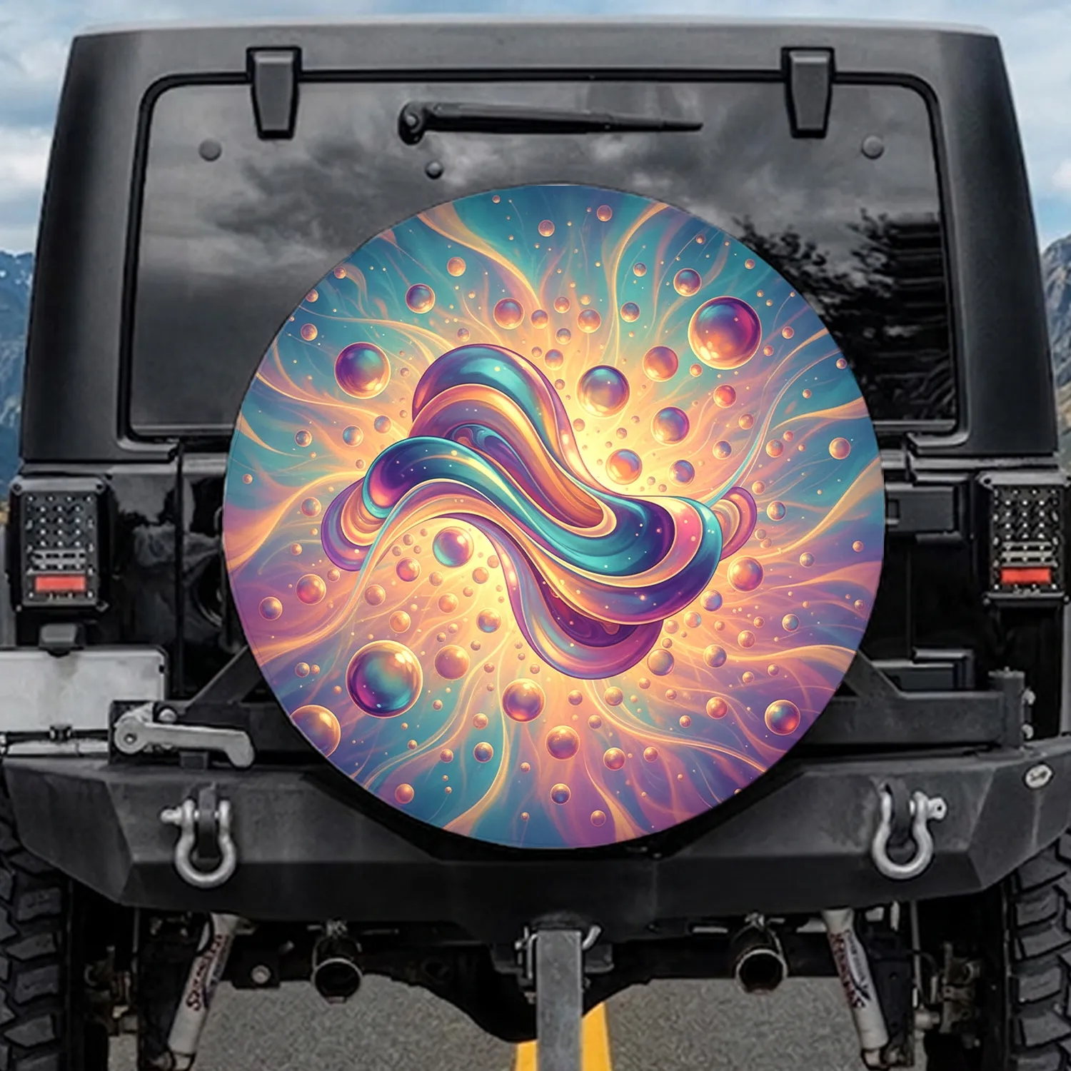 Iridescent Swirling Liquid Light Forms and Glowing Orbs - Distinctive Car Accessory Gift Spare Tire Cover - 1