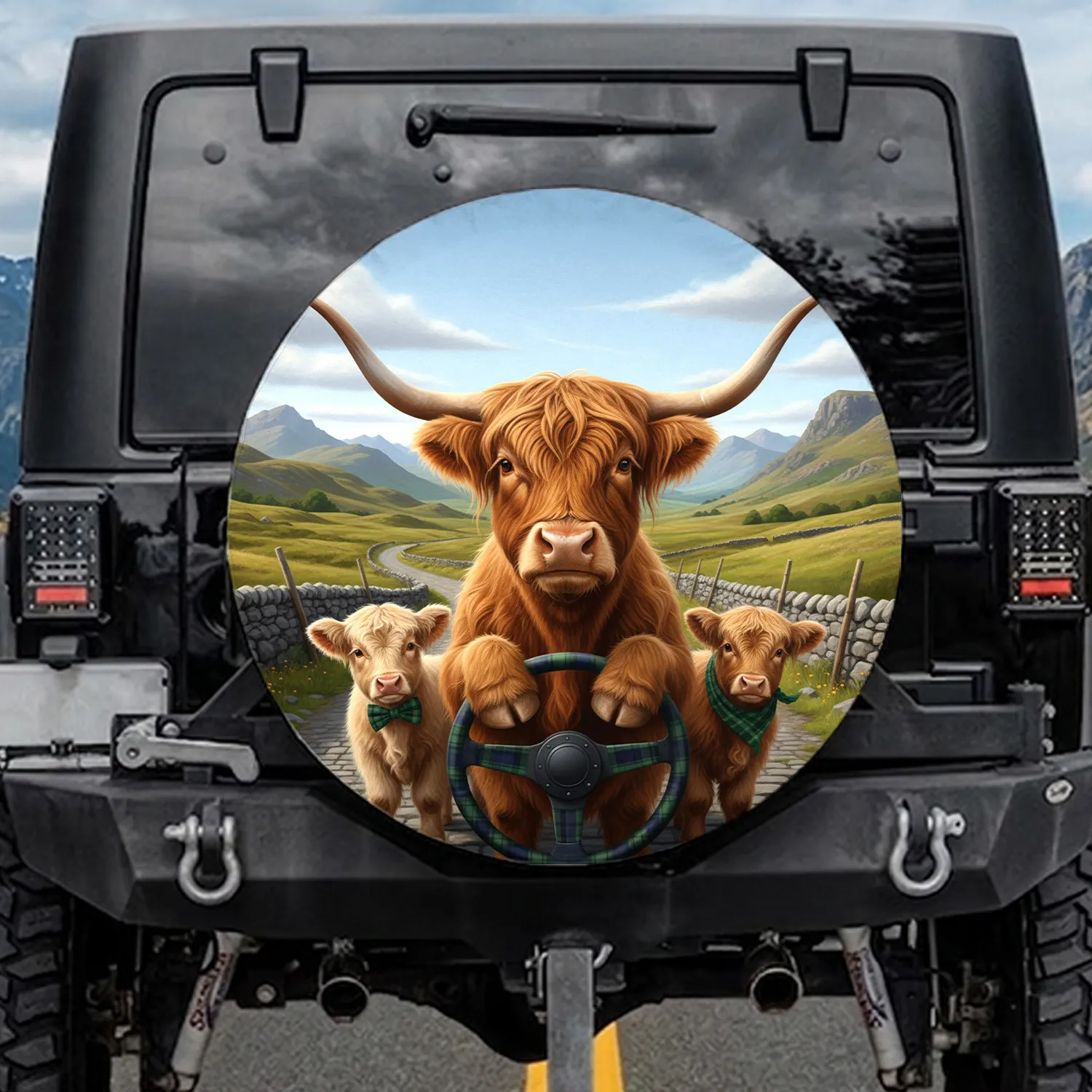 Highland Cow Scottish Countryside Plaid Wheel - Farmhouse Decor Gift for Cow Lover Spare Tire Cover - 1