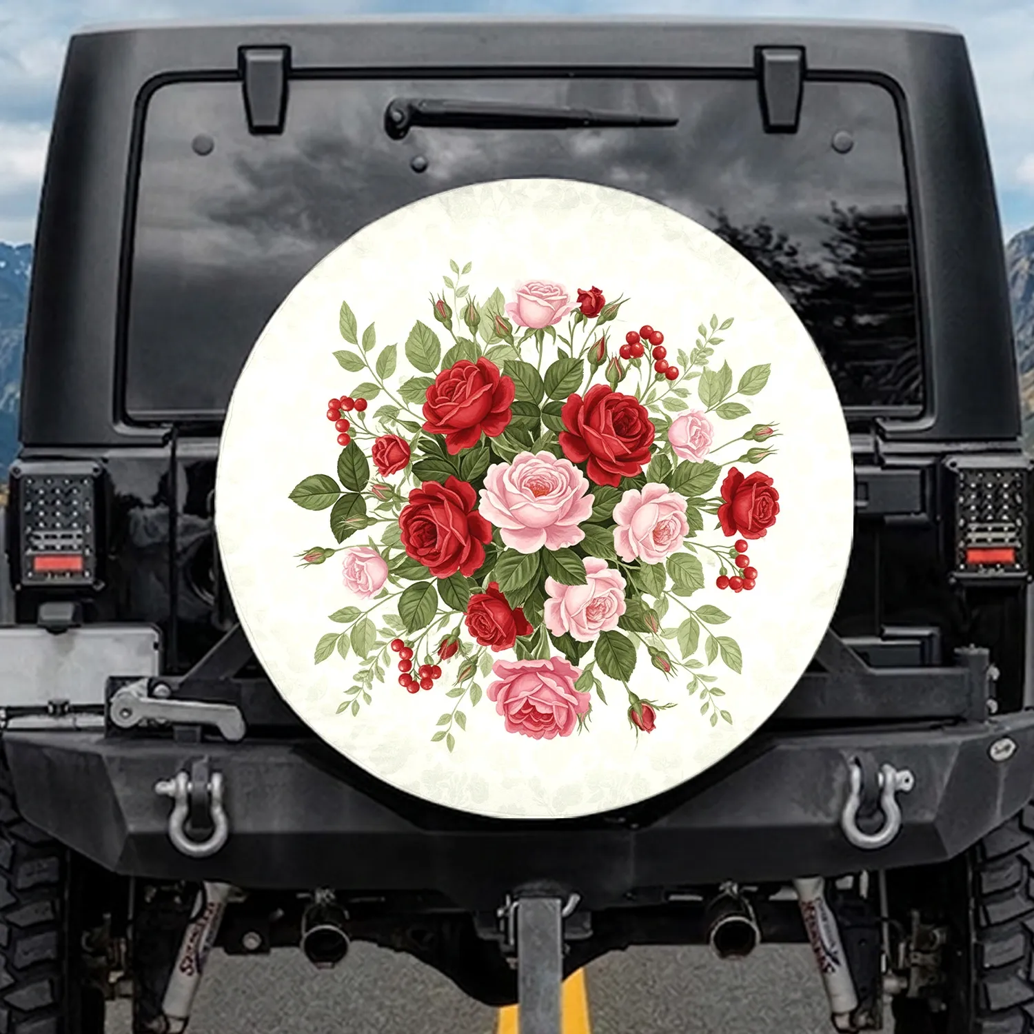 Full Bloom Red Pink Roses Green Foliage Berries Leafy Tendrils - Everyday Lifestyle Spare Tire Cover - 1