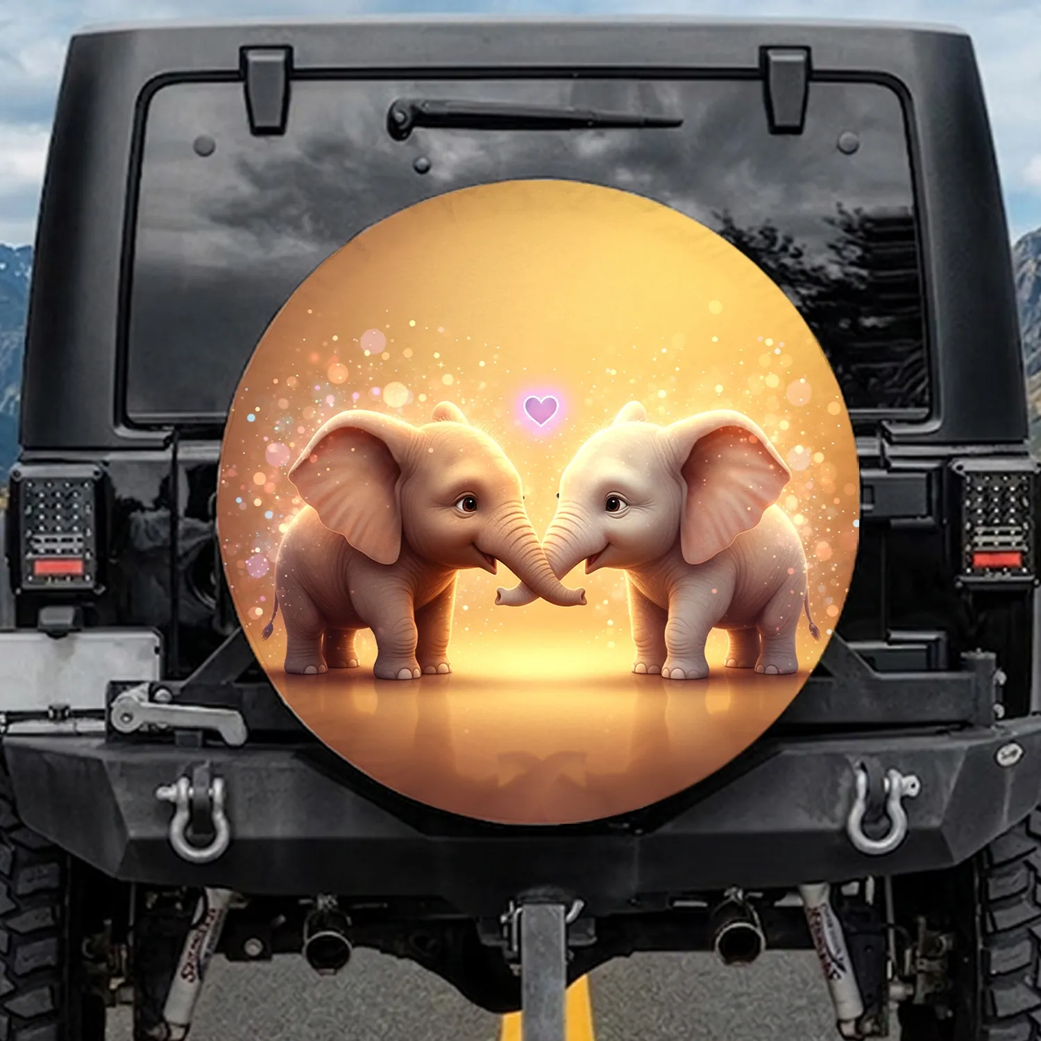 Baby Elephants Glowing Heart Trunks Touching - Dreamlike Wildlife Lover Gift Spare Tire Cover - 1
