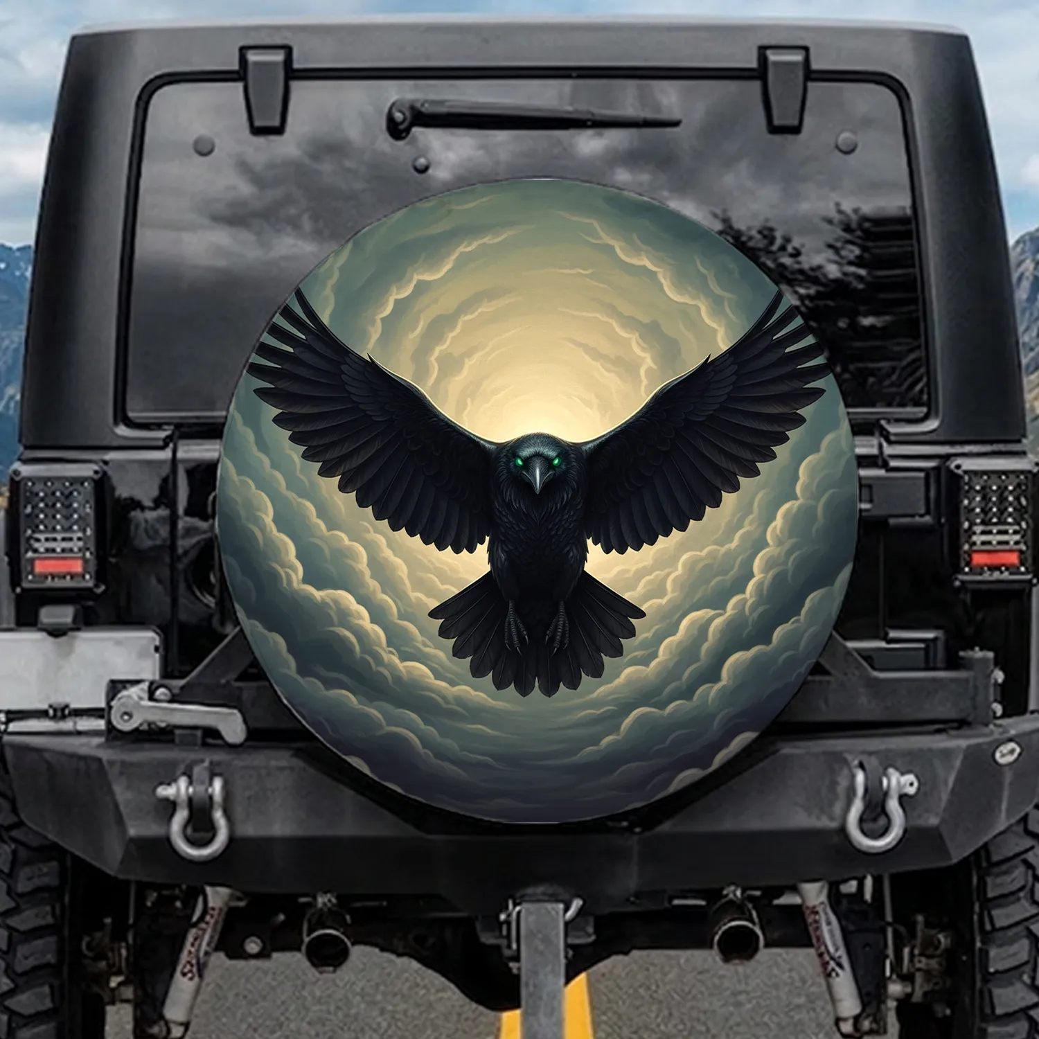 Powerful Black Raven Mid-flight Spread Wings Emerald Eyes Stormy Sky Wildlife Lover Gift Spare Tire Cover - 1