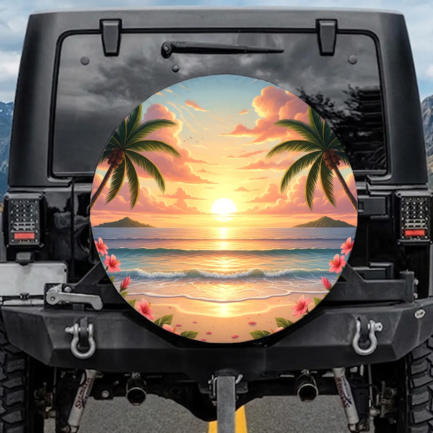 Tropical Beach Sunset Palm Trees Ocean Islands Flowers - Outdoor Adventure Car Decor Spare Tire Cover - 1
