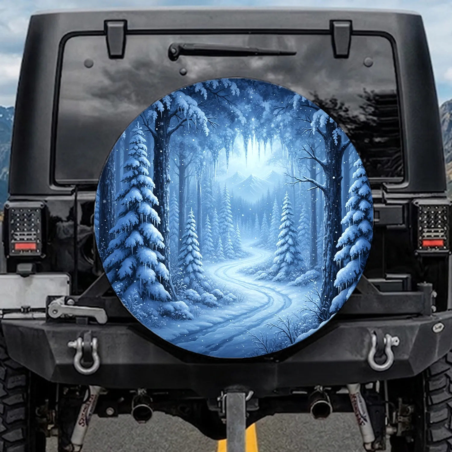 Winding Snow Forest Path Evergreen Trees Icicles - Outdoor Vehicle Display Spare Tire Cover - 1