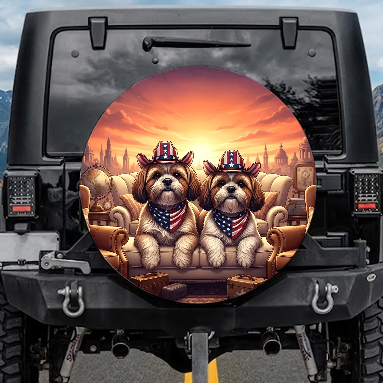 Shih Tzu Dogs American Flag Cowboy Hats Patriotic Travel Decor for Dog Owners Spare Tire Cover - 1
