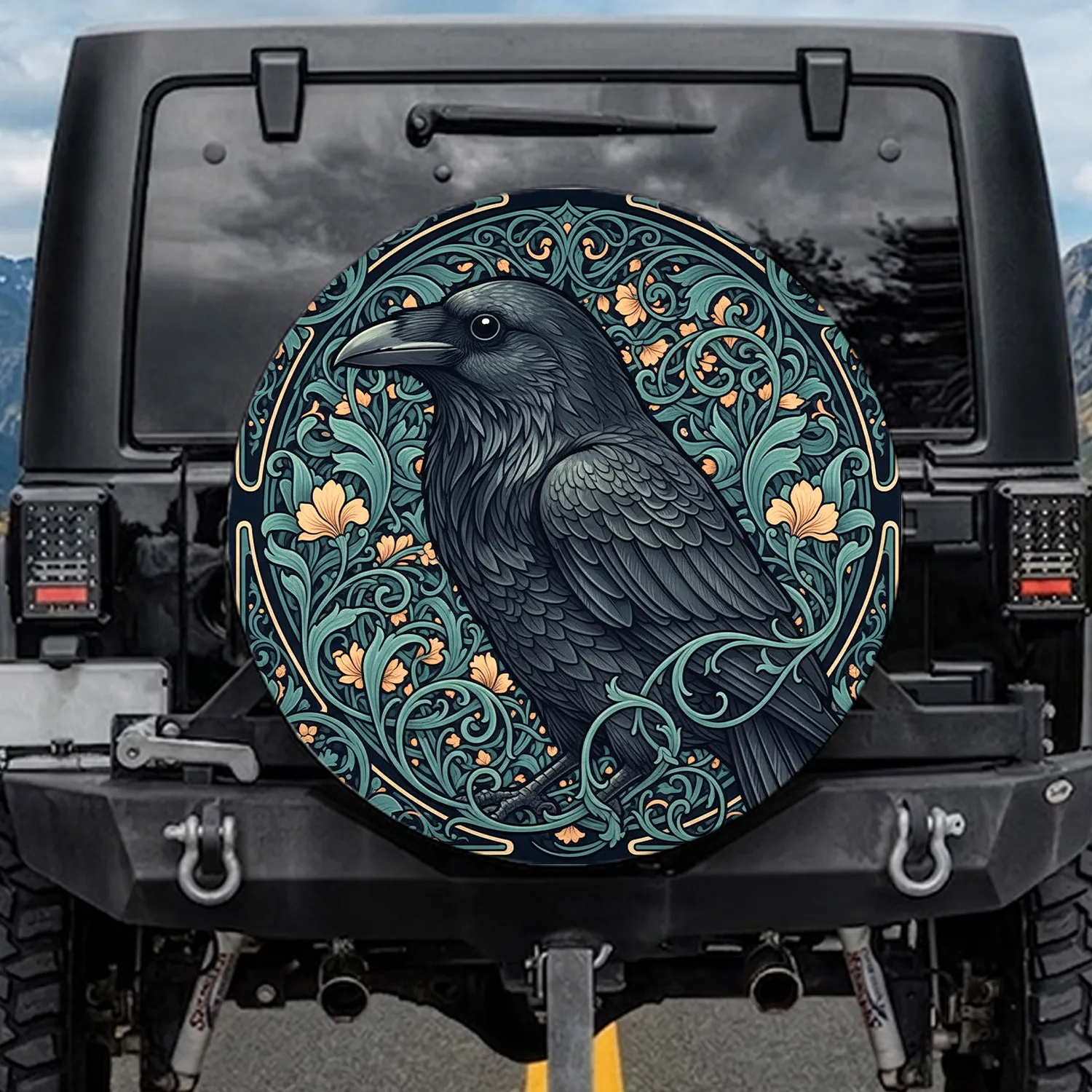 Raven Art Nouveau Floral Botanical Scrollwork - Wildlife Lover Gift Spare Tire Cover - 1