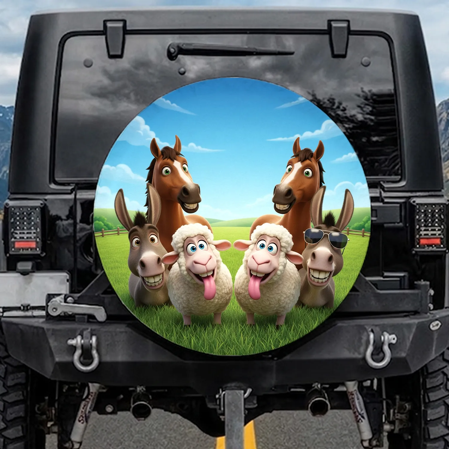 Funny Fluffy Sheep Horses Donkeys Sunglasses Blue Green Eyes - Farm Animal Lover Gift Spare Tire Cover - 1